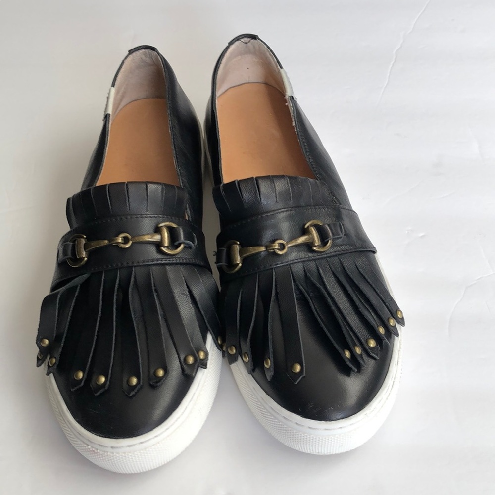 Fringed Black Leather Sneakers